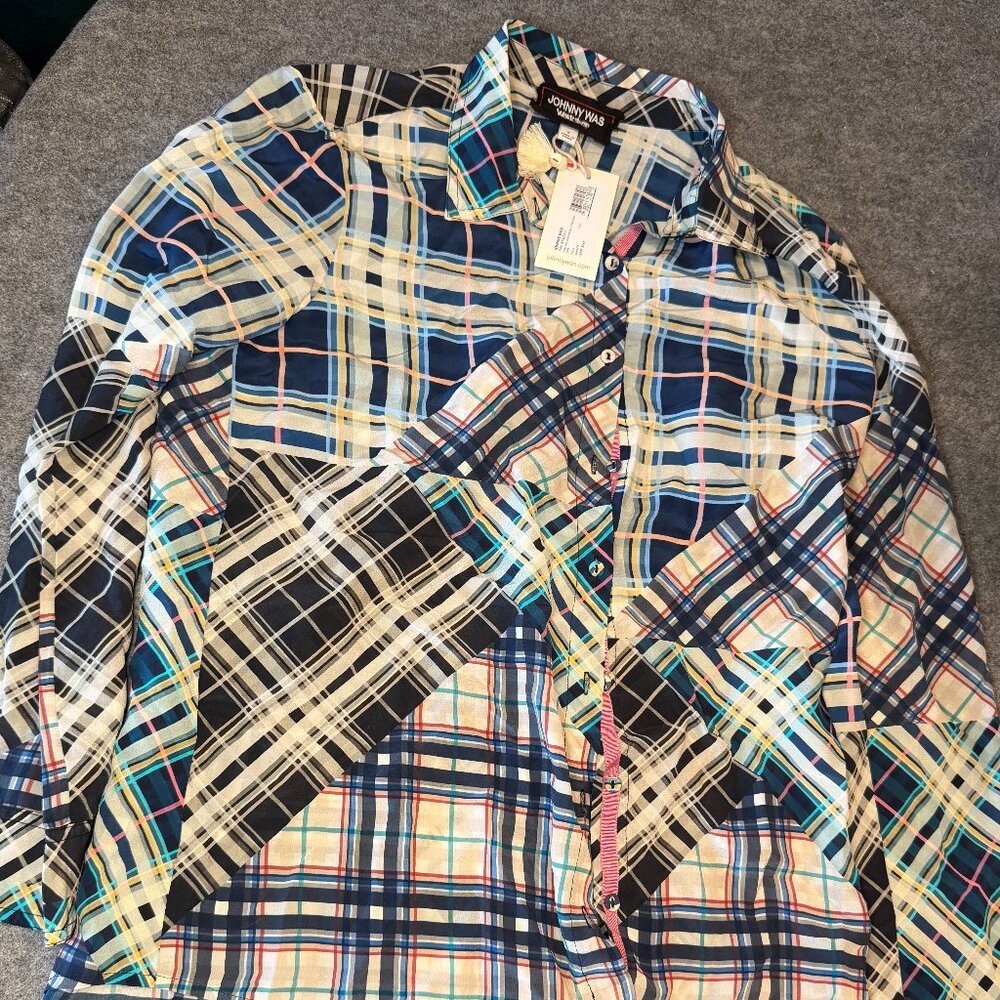 Johnny Was Idora Patchwork Button Down Shirt Silk… - image 2